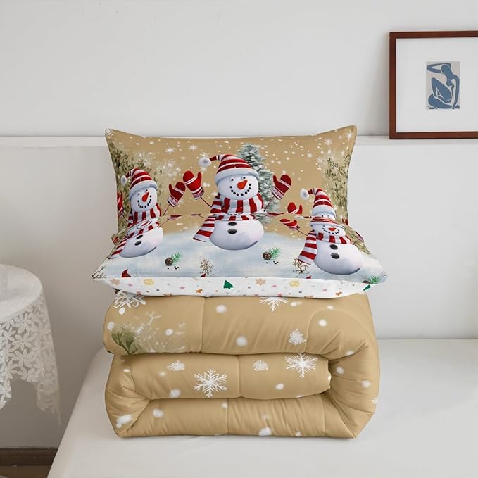 Cartoon Snowman Kids Christmas Comforter Set Twin Size,Pines Snowflake Rustic Bedding,Girls Boys Adults Bedroom/Xmas Cabin Decor,Grids Geometric Down Comforter,Farmhouse Duvet Insert,1 Pillowcase