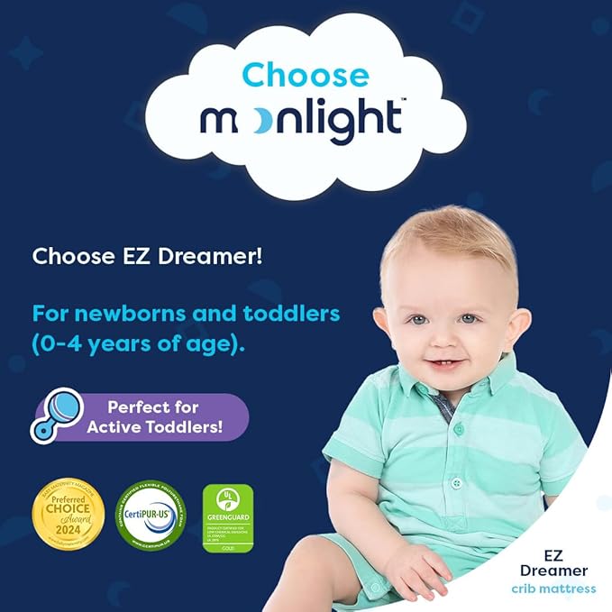 Moonlight Slumber EZ Dreamer Crib Mattress – Dual-Sided Baby and Toddler Mattress, Firm Infant Support, Waterproof and Hypoallergenic Cover, 4.5" Foam, Standard Size, Made in USA