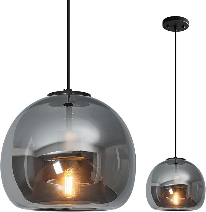1-Light Mirror Gray Glass Pendant Lights Kitchen Island Black Hanging Light