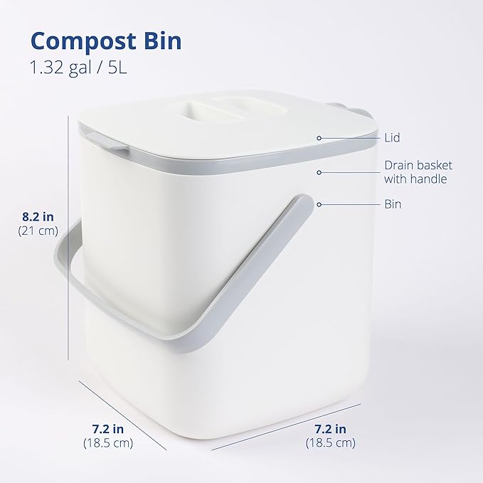 BLUE GINKGO Kitchen Compost Bin [5L / 1.32 GAL] – Filter-Free, Odor-Tight Countertop Food Waste Pail with Handles (Made in Korea, White)