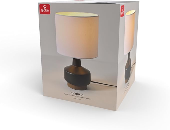 GLOBE Electric 15" Ceramic Table Lamp, Matte Black Base, Wood-Toned Accent
