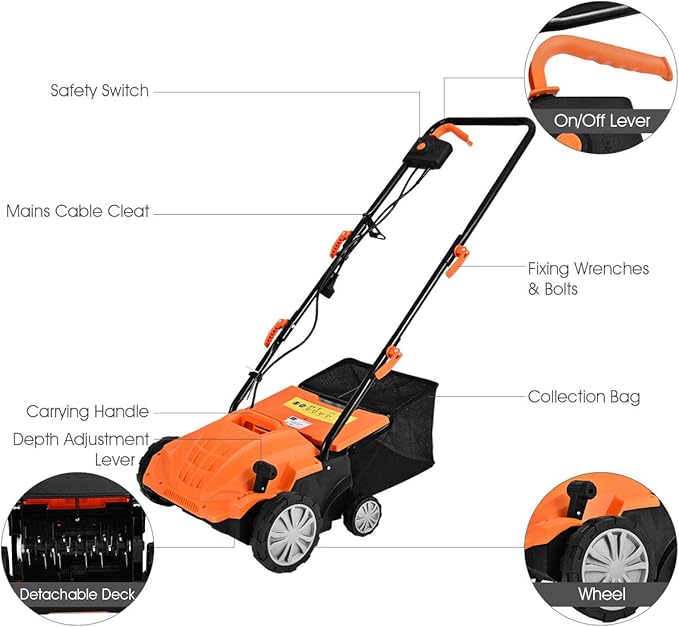 Goplus 2-in-1 Lawn Dethatcher and Scarifier, 3 Level Depth Adjustable Weeder w/ 11 Gallon Collection Bag & 2 Removable Blades, 13-Inch 12 Amp Corded Electric Scarifier for Garden & Yard