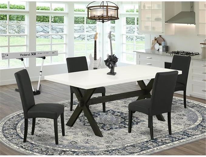 East West Furniture X627DR124-5 5 Piece Dining Set Includes a Rectangle Dining Room Table with X-Legs and 4 Black Color Linen Fabric Upholstered Parson Chairs, 40x72 Inch, Multi-Color