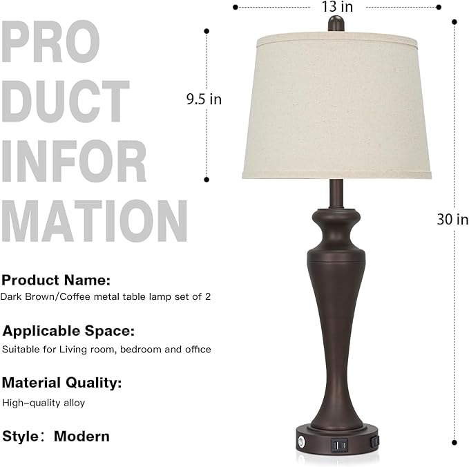 30" Brown Table Lamps Set of 2, 3-Way Touch Control Bedside Lamp