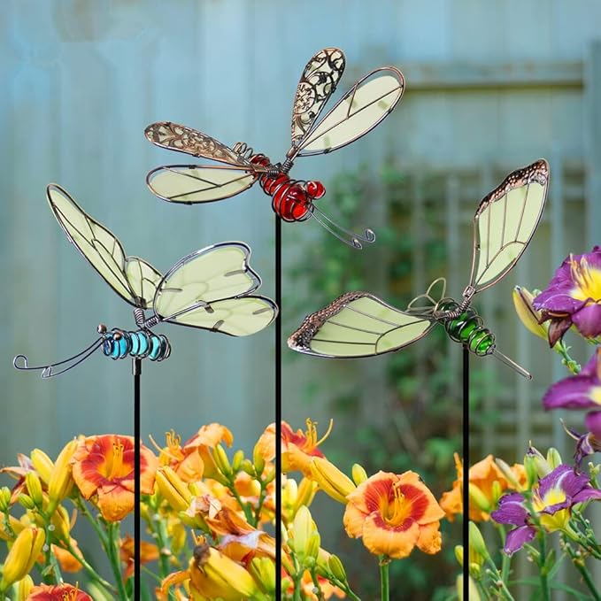Juegoal 20 Inch Butterfly Garden Stakes Decor, Dragonfly Stakes, Hummingbird Glow in Dark Metal Yard Art for Mom, Mothers Day Ideal Gifts, Indoor Outdoor Lawn Pathway Patio Ornaments, Set of 3
