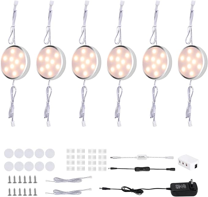 LED Under Cabinet Lighting Kit, 6 Pack Linkable Puck Lights