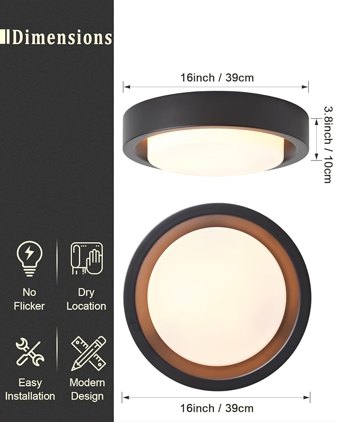 16 Inch Flush Mount Ceiling Light, 3-Lights Black Finish