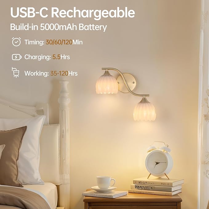 Battery Operated Wall Sconce, 2-Lights Vinatge Brass Wall Lighting