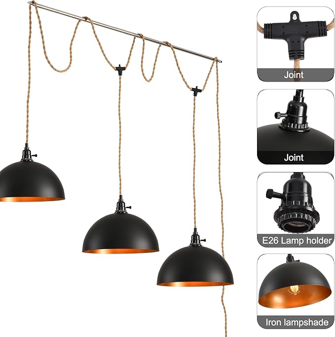 3-Light Hanging Light with Plug in Cord, Plug in Pendant Light 22ft Hemp Rope