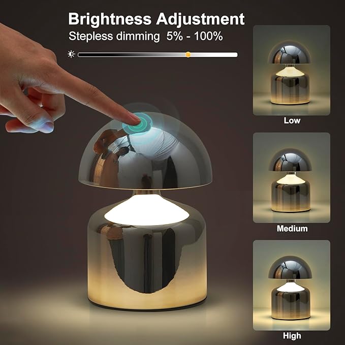 Modern Cordless Mushroom Small Table Lamp Touch LED Lamps, 3-Way Dimmable