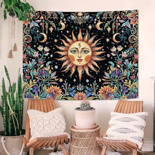 Sun and Moon Tapestry Hippie Boho Floral Wall Tapestry for Bedroom Aesthetic Colorful Flowers Vintage Celestial Botanical Plant Small Tapestries Wall Hanging for Living Room Dorm 60 x 44 Inch