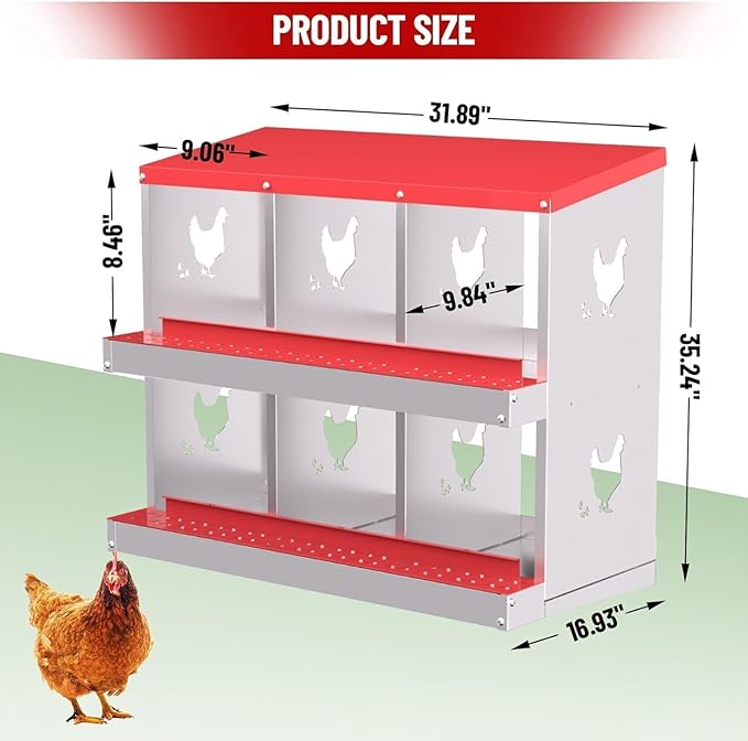 Metal Chicken Nesting Box, 6 Compartments, Rollout Egg Collection, Large Vented Holes, Perch Included, Wall Mount or Free Standing Laying Box for Hens and Chickens - Red