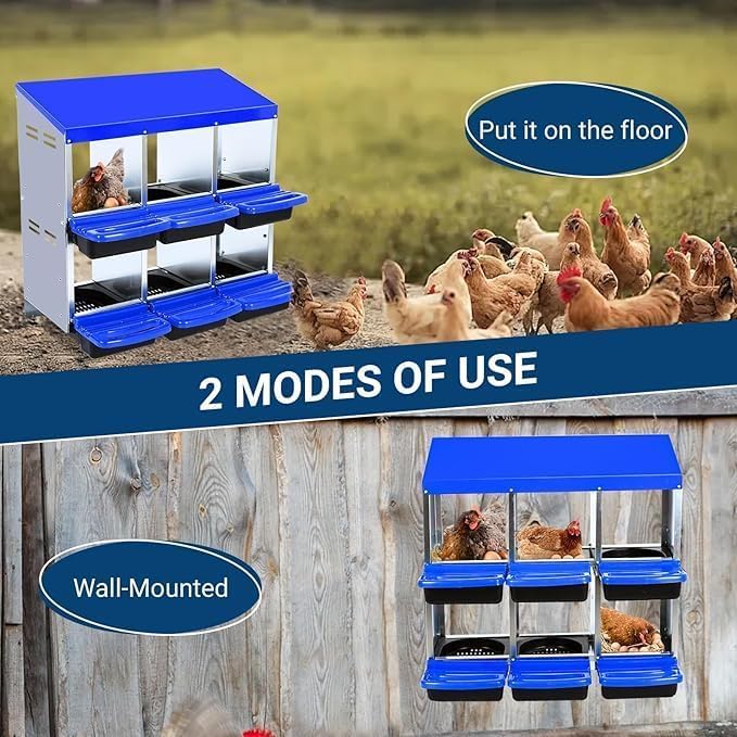 [6-Pack] Chicken Nesting Boxes for Hens - Galvanized Steel Wall Mount or Freestanding Chicken Nest, Removable Plastic Egg Tray & Ventilation Holes - Poultry Nesting Boxes for Egg Laying (Blue)