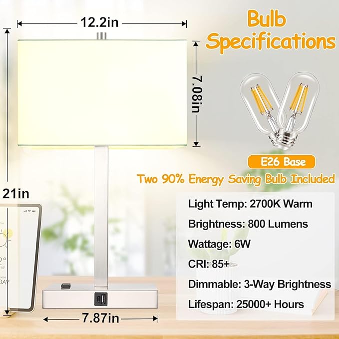 21" Touch Bedside lamps with 2 USB & AC Outlets, 3-Way Dimmable Bedside Table