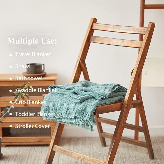 Simple&Opulence Cotton Muslin Throw Blanket for Bed, Couch, Knit Woven Gauze Blanket with Tassels, Soft Lightweight Cozy Pre-Washed Breathable Farmhouse Decoration for All-Season (Dark Green)