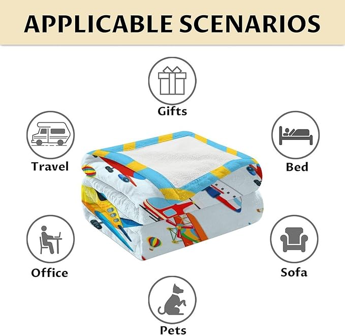 Cute Throw Blanket for Adults - 60" x 80" Inches Airplane Throw Gifts for Boys - Blue Warm Cozy Aircraft Blanket for Bed, Couch, Travel