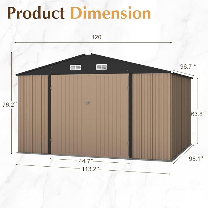 GUNJI 10 x 8 FT Shed Outdoor Storage Shed Metal Garden Shed with Lockable Door Outside Waterproof Tool Shed for Backyard, Patio, Lawn (Brown)