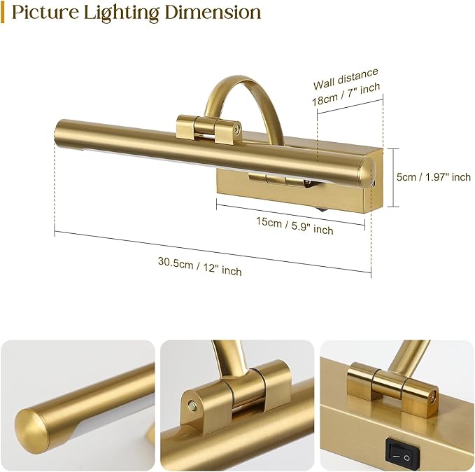 Wireless Picture Lights for Wall Rechargeable Brass Gallery Lights Battery