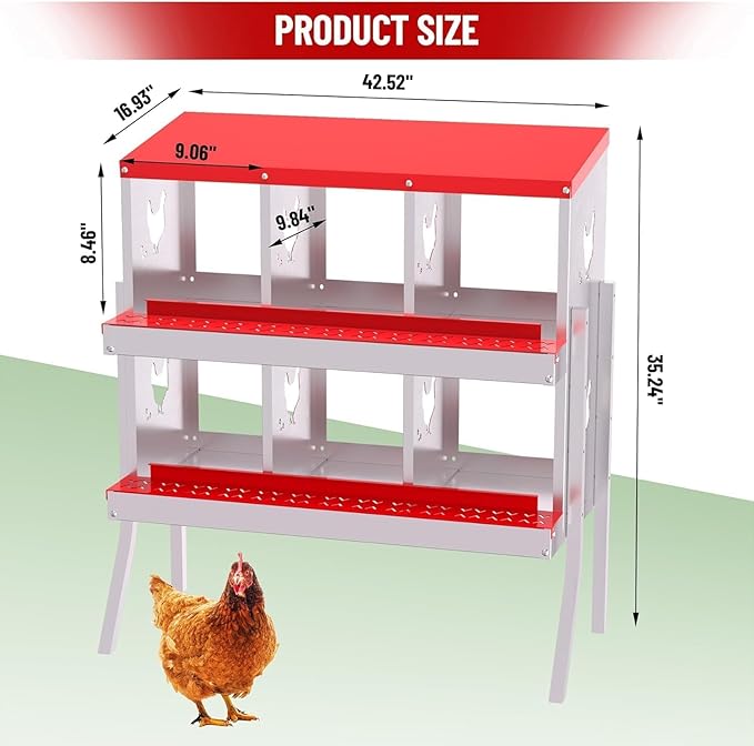 Metal Chicken Nesting Box, 6 Compartments, Rollout Egg Collection, Large Vented Holes, Perch Included, Wall Mount or Free Standing Laying Box for Hens and Chickens - Red with Legs