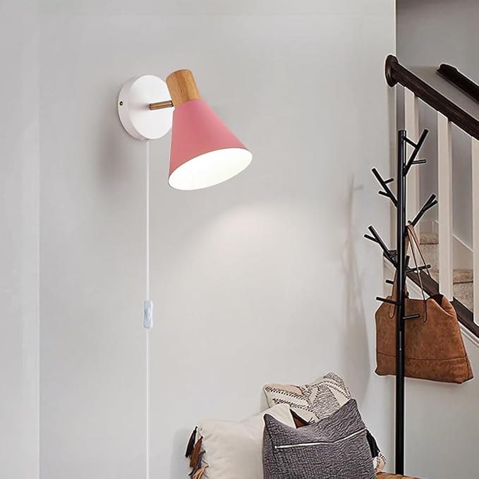 Plug in Wall Sconces Lighting Fixture, Wooden Adjustable Bedside Wall lamp