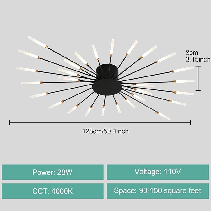 ziidoo Modern Ceiling Light Fixtures, 28 Lights Metal Firework Designed Chic