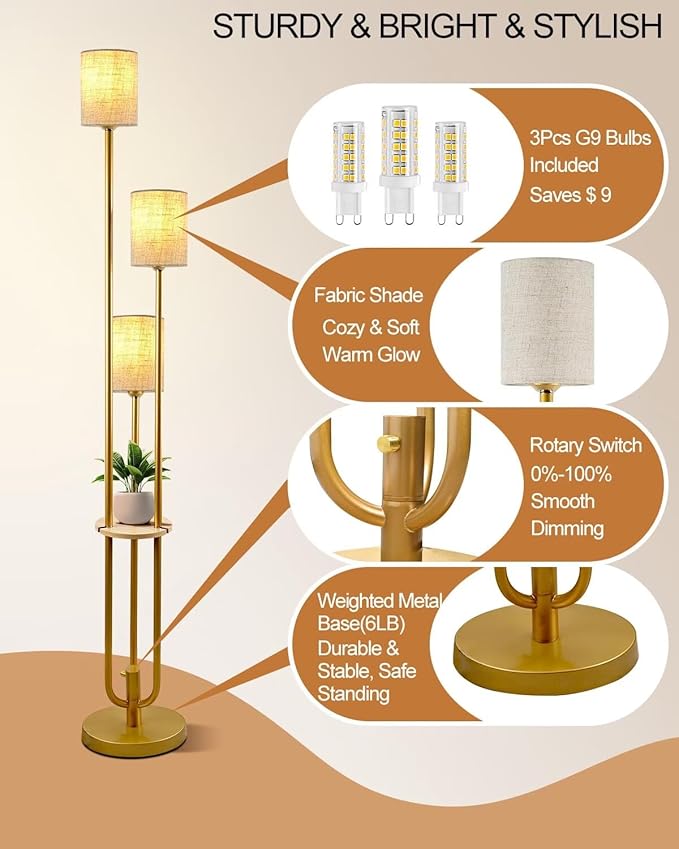 Gold Floor Lamp Dimmable 64IN Tall Standing Lamps