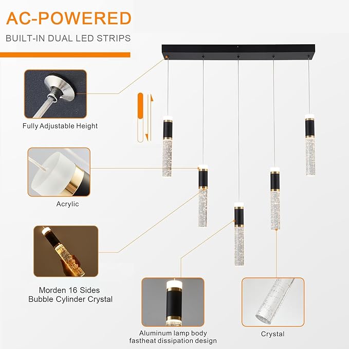5-Light Modern LED Chandelier, Dimmable Hanging LED Pendant Light