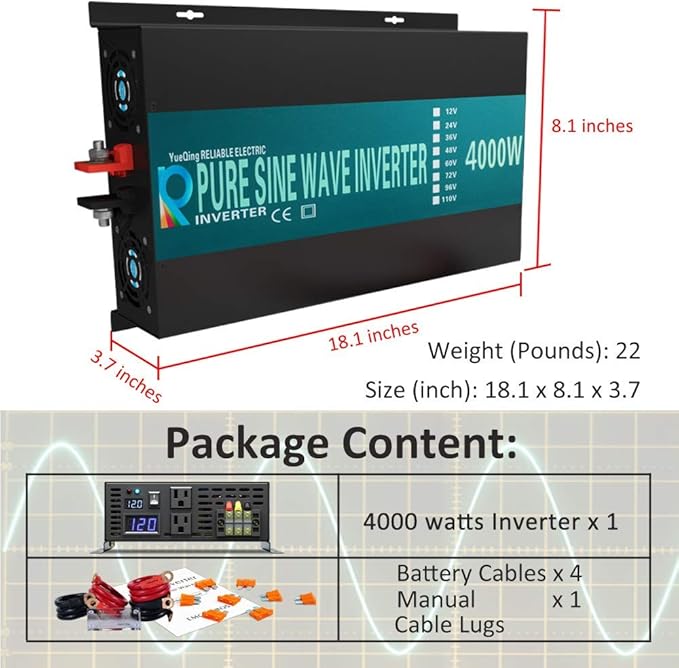 WZRELB 4000W 36V 120V Pure Sine Wave Power Inverter with 2 AC Outlets,Car Inverter,Remote Control