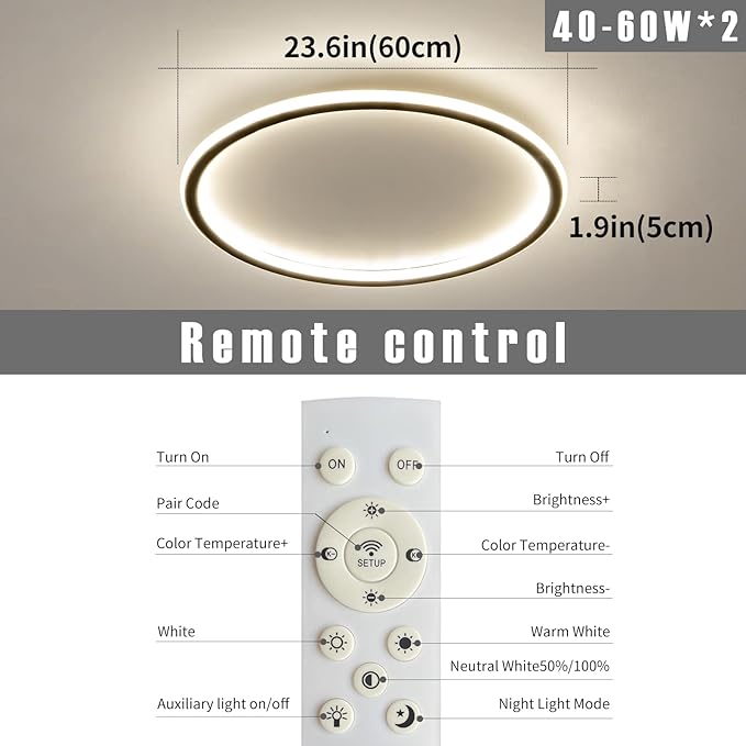 23.6 Inch Flush Mount Ceiling Light, 40-60W Round LED Ceiling Light Fixtures