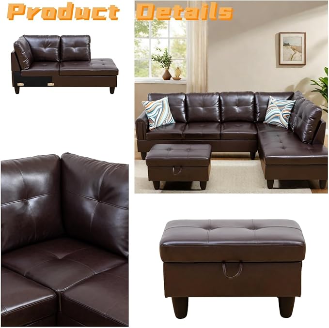 L Shaped Sectional Couch with Otttoman, 97" Leather Sectional Sofa for Living Room Modular Couches with Cup Holders for Bedroom, Apartments, Brown