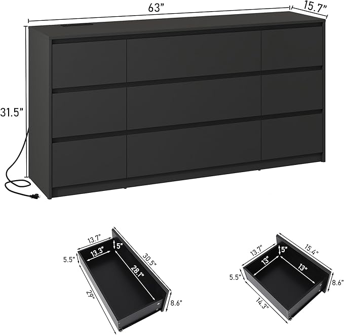 Black malm Dresser for Bedroom, 63 Inch Long 9 Drawers Dresser with Charging Station, Modern Large Wood Chest of Drawers Handle Free for Bedroom, Living Room, Entryway, Hallway, Black