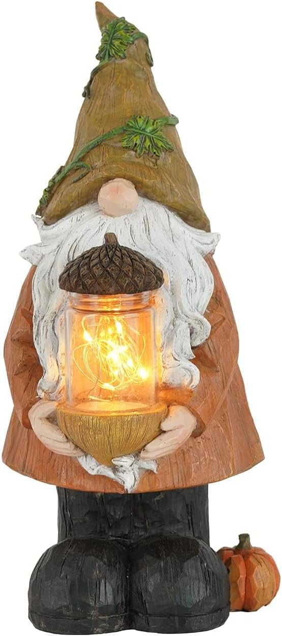 Topadorn Fall Garden Gnome Statue Light, Autumn Harvest Gnome Figurine with Pine Cone on Hand for Fall Harvest Party Thanks, Autumn Thanksgving Gifts for Famliy