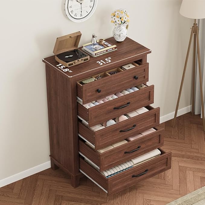 GarveeHome 5 Dresser for Bedroom, 41.3 in Tall Vertical Drawer Dresser with Large Storage, Freestanding Wooden Closet Chest for Bedroom, Living Room, Walnut