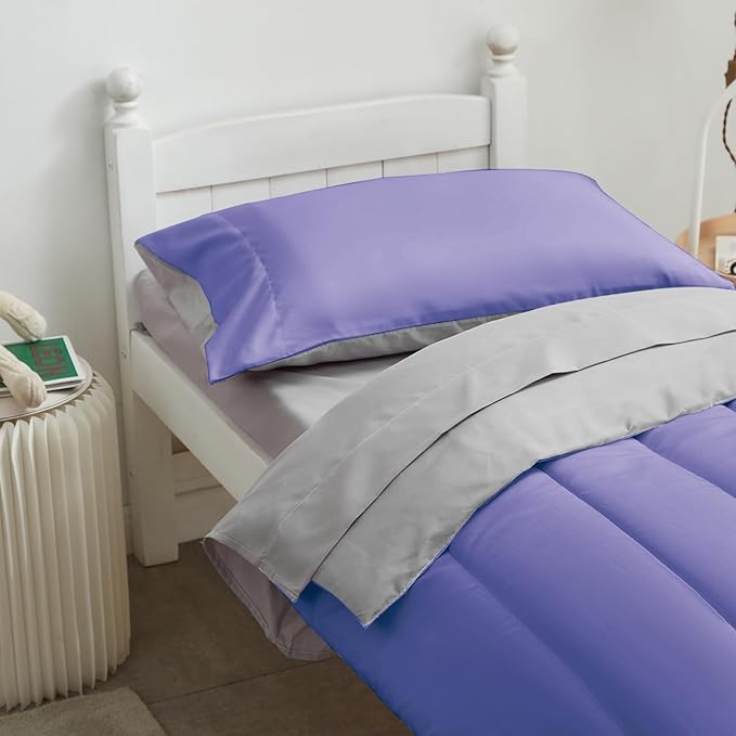 UOZZI BEDDING 4 Pieces Toddler Bedding Set Ultra Soft and Breathable Toddler Sheet Set - Includes Comforter, Flat Sheet, Fitted Sheet and Pillowcase - Purple & Gray