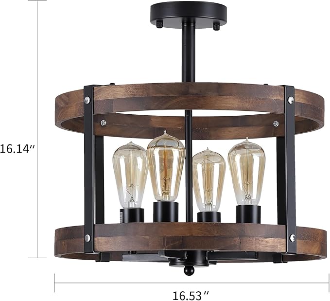 4-Light Large Rustic Farmhouse Flush Mount Ceiling Light Fixture 16.5 inch Oak