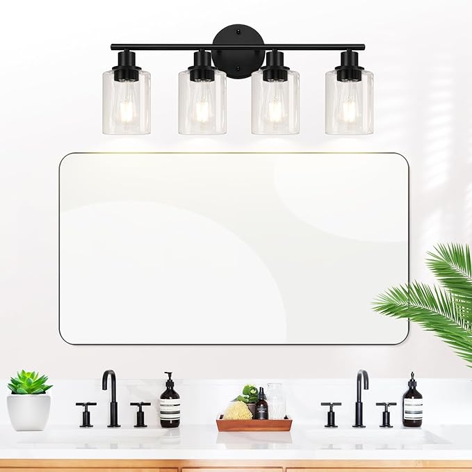 4-Light Bathroom Light Fixtures, Matte Black Modern Vanity Lights Over Mirror