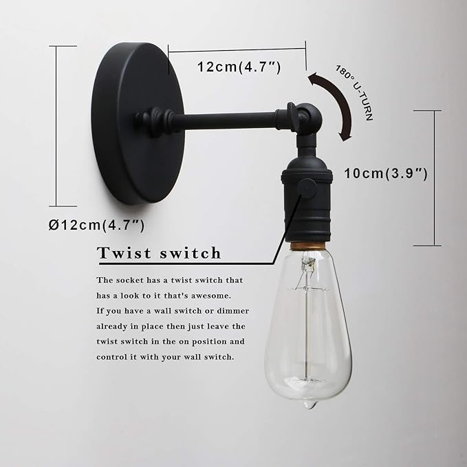 PERMO Vintage Industrial Pole Wall Mount Mini Single Sconce Metal Wall Sconces