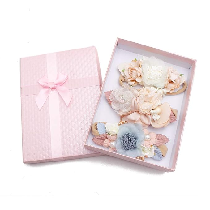 Baby Girl Nylon Headbands Flower Hair Bows Accessories-Elastic Hair Band Crown Handmade FLoral Wraps Birthday Gifts for Girls Newborn Infant Toddler 3Pcs