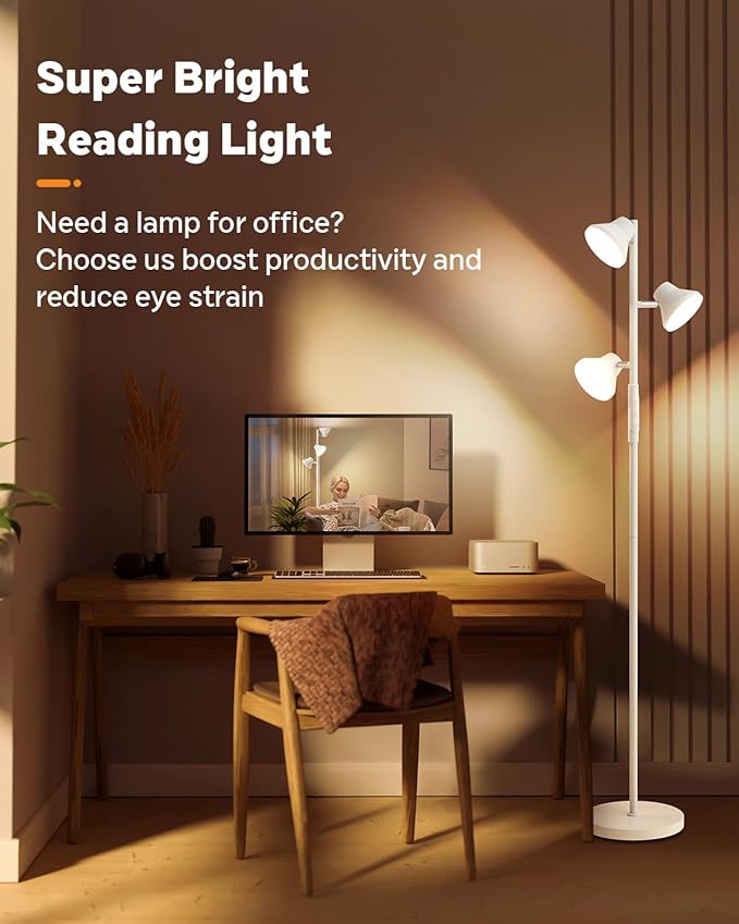 White Floor Lamp, 36W Modern Dimmable Standing Lamp 2700-6500K, 3 Rotatable LED