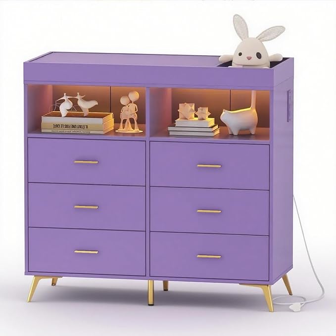 Dresser for Bedroom with LED Lights and Power Outlet, Baby Changing Table Dresser with 6 Drawers, 2 Open Storage Shelves, Baby Diaper Station with Changing Table Top (Purple)