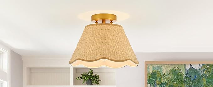 13” Boho Semi Flush Mount Ceiling Light Hand Woven Rattan Mini Chandelier