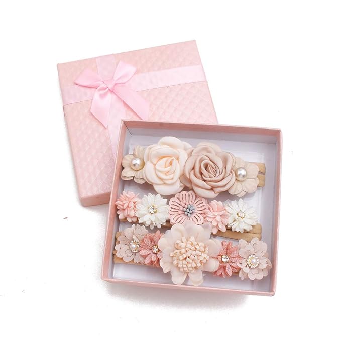 Baby Girl Nylon Headbands Flower Hair Bows Accessories-Elastic Hair Band Crown Handmade FLoral Wraps Birthday Gifts for Girls Newborn Infant Toddler 3Pcs