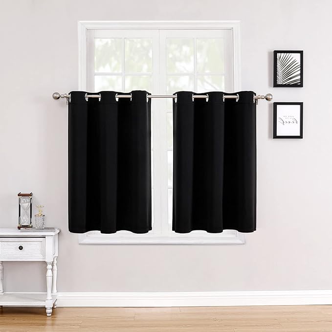 ChrisDowa Small Window Curtains for Kitchen and Bedroom - Grommet Short Thermal Insulated Room Darkening Curtains (2 Panels, Black, 34 x 36 Inch)