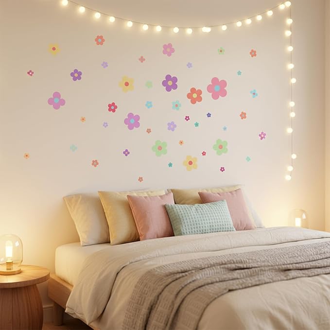 9 Sheets Colorful Flowers Wall Decals, Cute Daisy Self-Adhesive Wall Stickers, Removable Floral Wall Decor, Vinyl Peel and Stick Flower Sticker for Girls Teen Nursery Bedroom Dorm Kindergarten