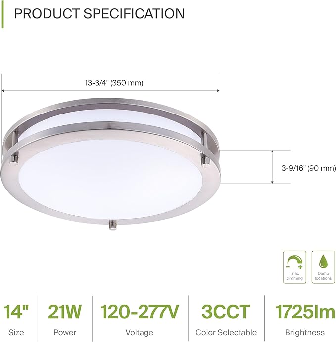 ASD LED 14" Round Flush Mount Lighting, Close to Ceiling Light Fixture | 3CCT