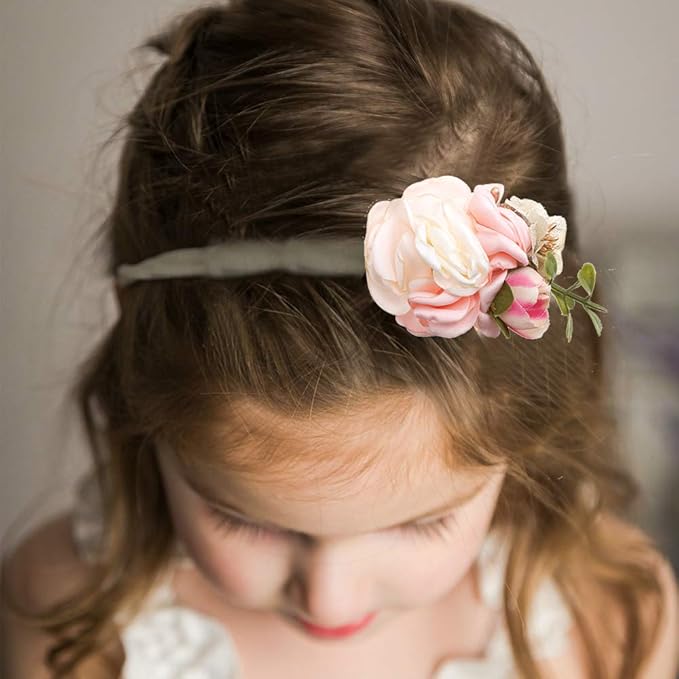 cherrboll 4pcs Baby Girl Headbands Flowers, Super Soft & Stretchy Nylon Floral Hairbands for Newborn Toddler
