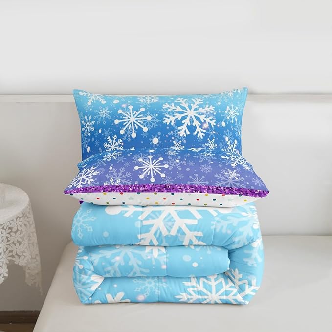 Feelyou Winter Snowflake Comforter Set All Season Glitter Print Bedding Set with 2 Pillow Cases Christmas Microfiber Kids King Bedclothes Holiday New Year Bedroom Decor Duvet Quilt Soft Lightweight