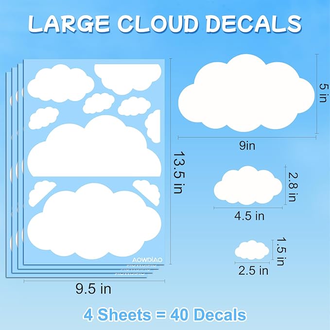 AOWDIAO Cloud Wall Decals - 40 Peel and Stick Clouds Stickers - Assorted Shapes and Sizes for Nursery, Bedroom, Classroom Decor