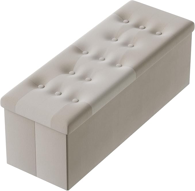 PRANDOM Jumbo Ottoman with Storage [1-Pack] Velvet Folding Small Square Foot Stool with Lid for Living Room Bedroom Coffee Table Dorm Beige 43x15x15 inches