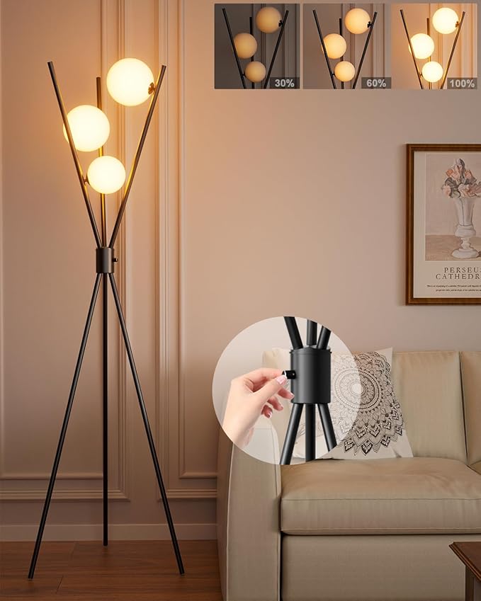 3 Globe Dimmable Tripod Floor Lamp, Mid Century Standing Lamps
